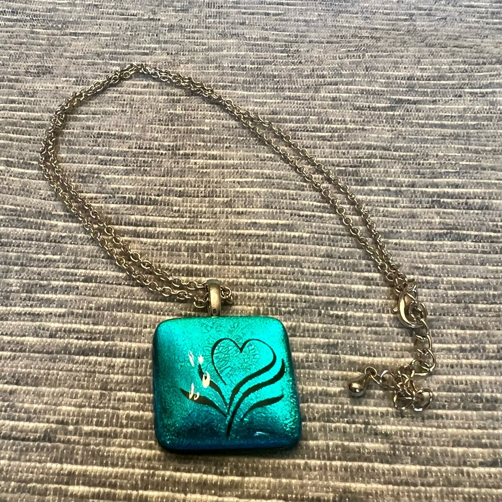 Teal Glass Heart Pendant Necklace